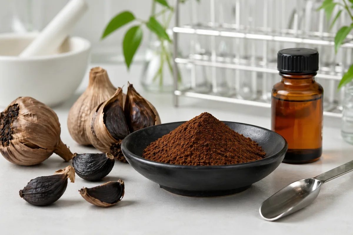 Black garlic extract powder with aged garlic bulbs and sample bottle on a laboratory bench