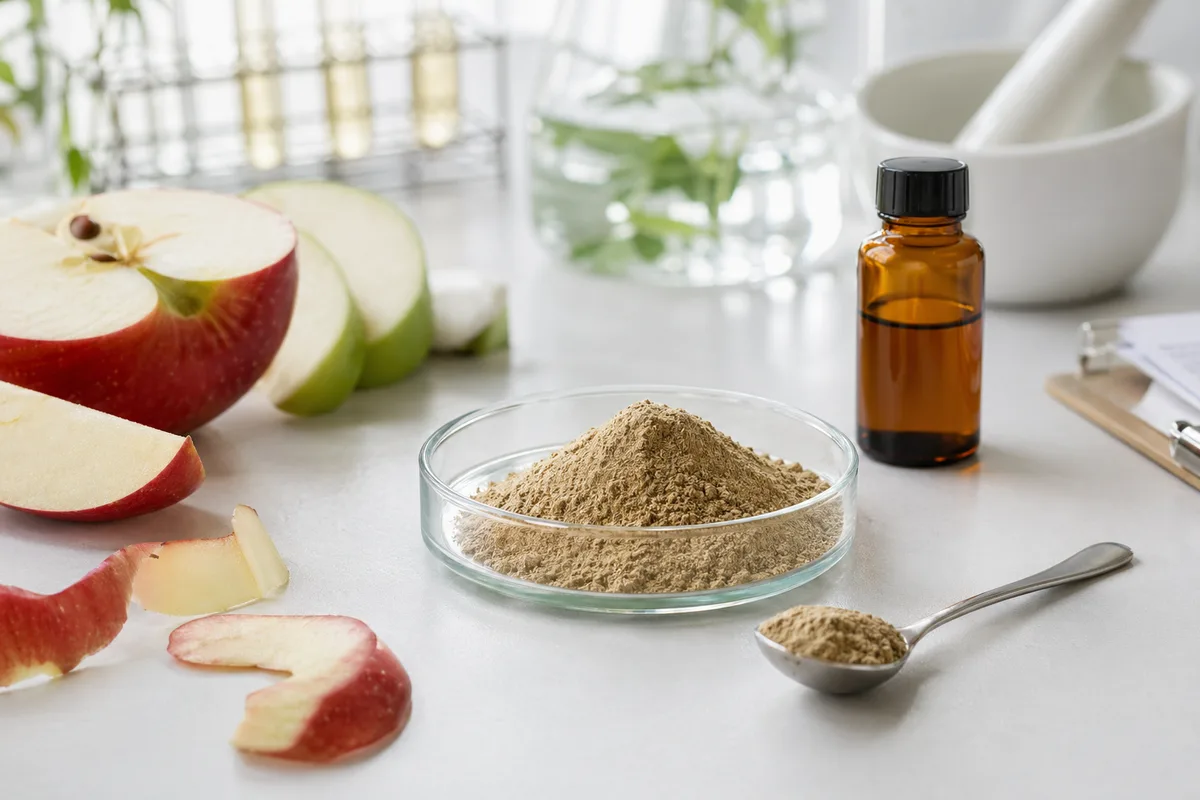 Apple polyphenol extract powder with fresh apple slices and amber sample bottle