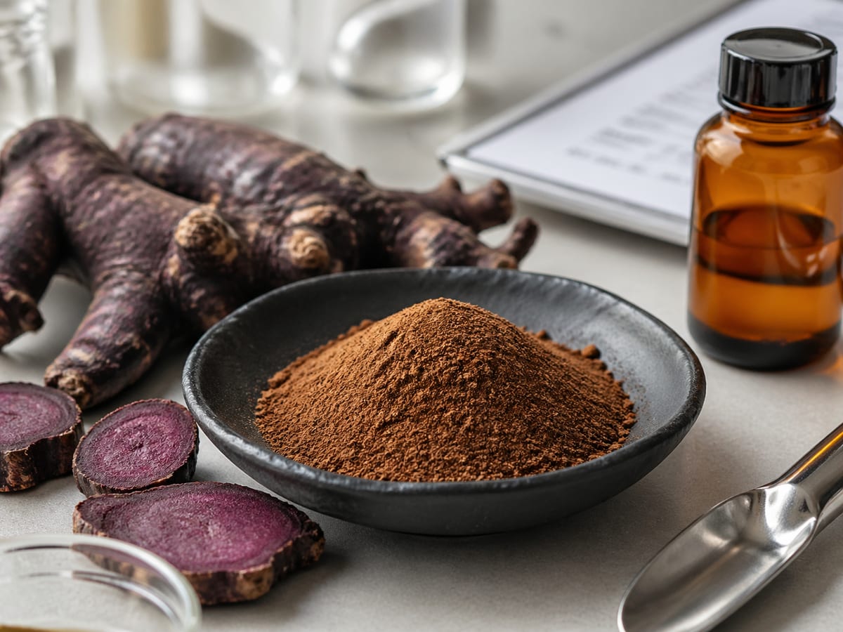 Realistic botanical extract powder and rhizome material prepared for dietary supplement review