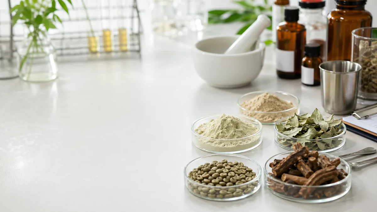 Representative photo-style visual of botanical extract samples on a laboratory bench