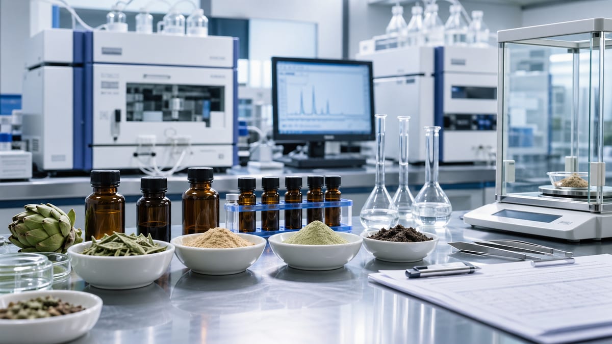 Realistic laboratory workbench with botanical ingredient samples prepared for application review
