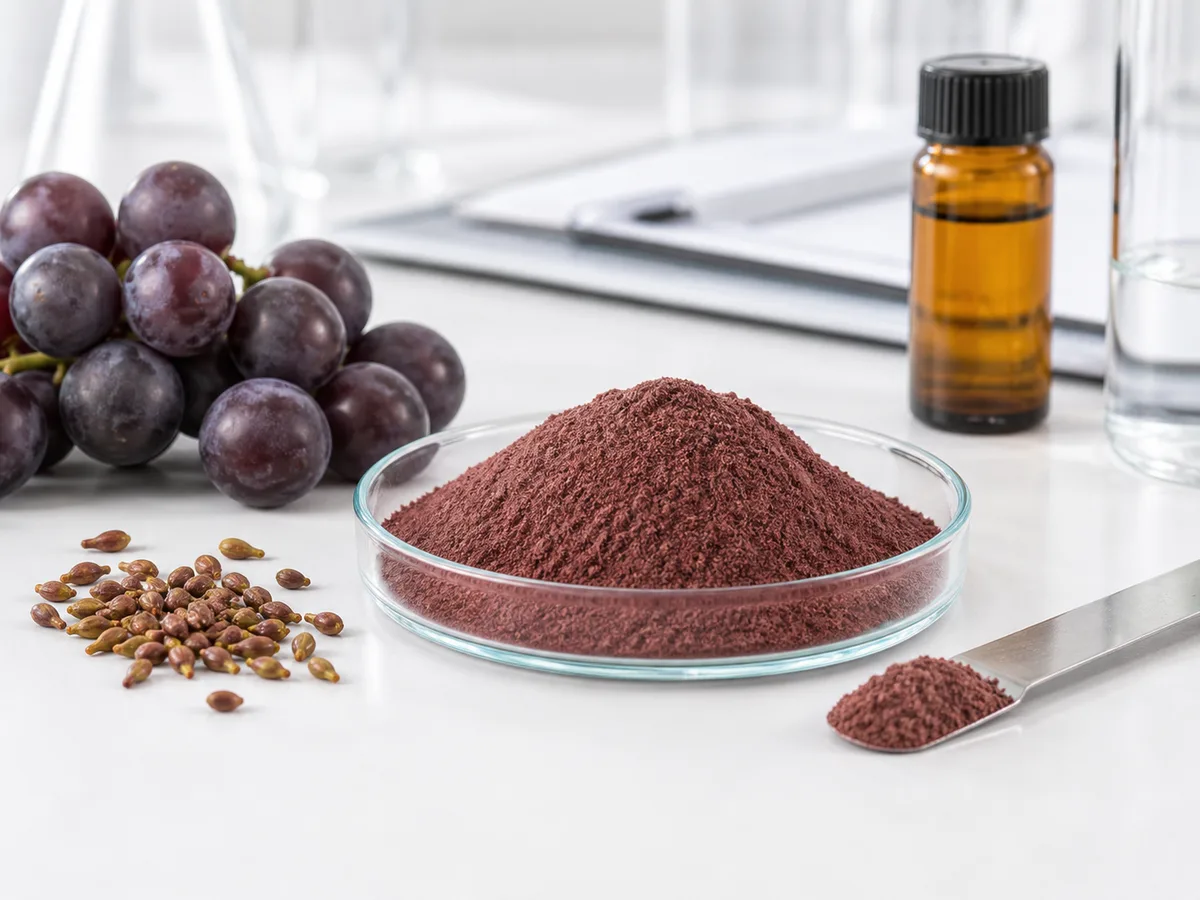 Photorealistic grape seed extract powder with grapes and grape seeds